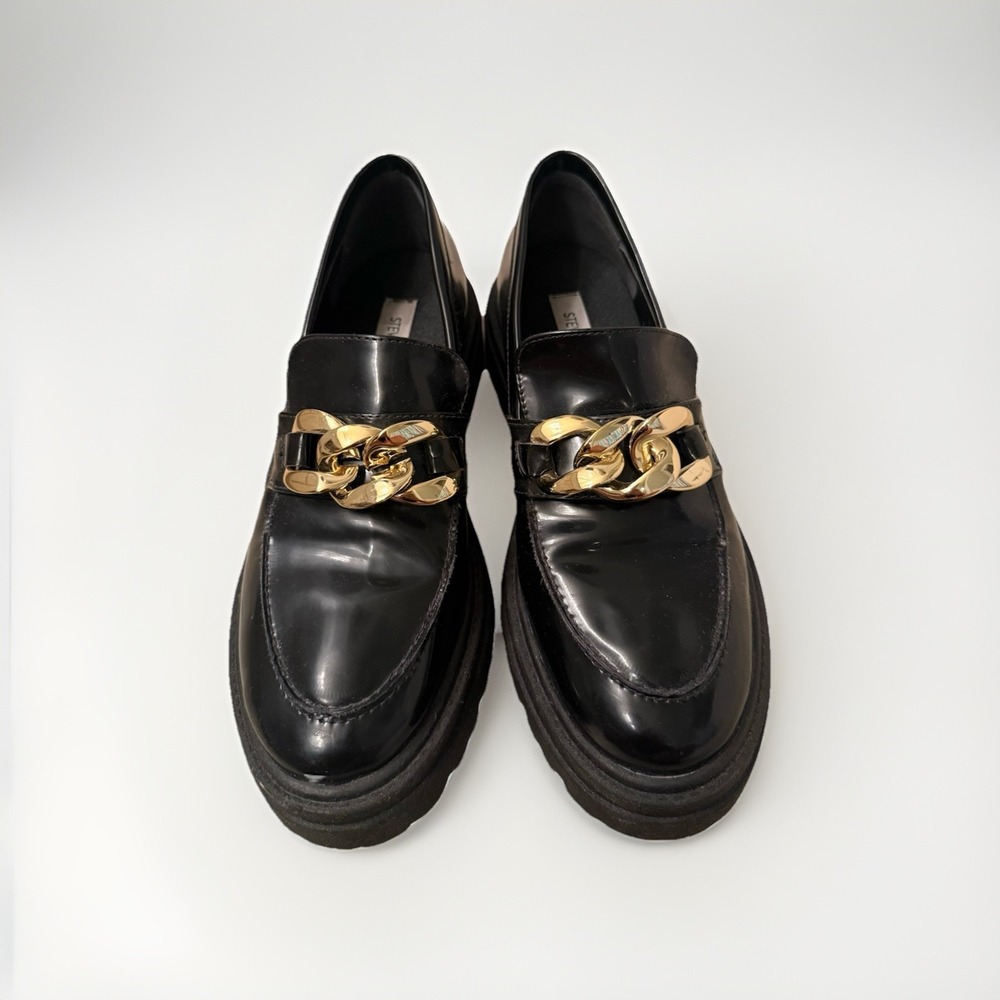 Steve Madden Gold Chain Lug Sole Black Patent Loafer's Shoes 8.5 M Womens